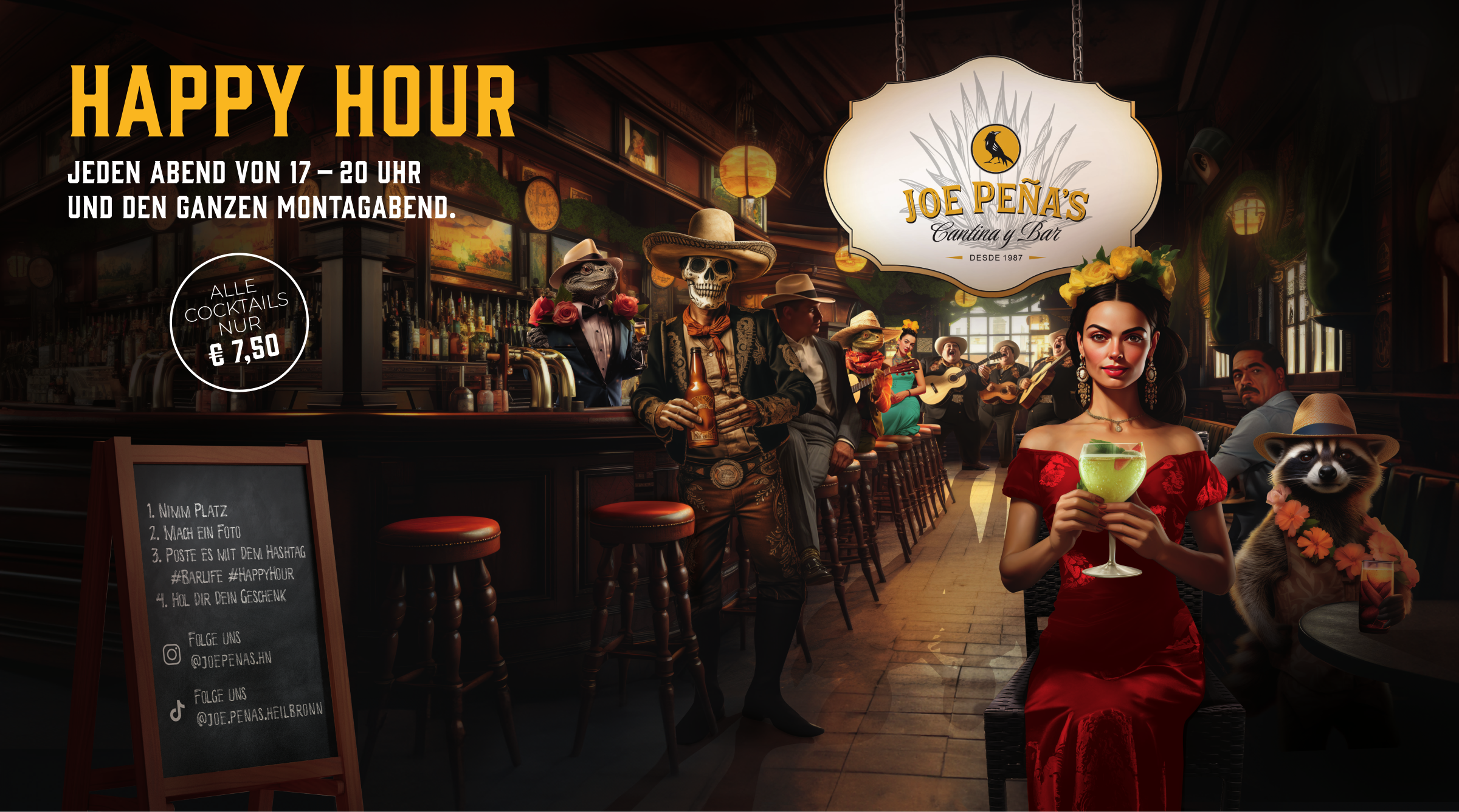 Happy Hour – jeden Abend von 17–20 Uhr und den ganzen Montagabend, alle Cocktails nur € 7,50
